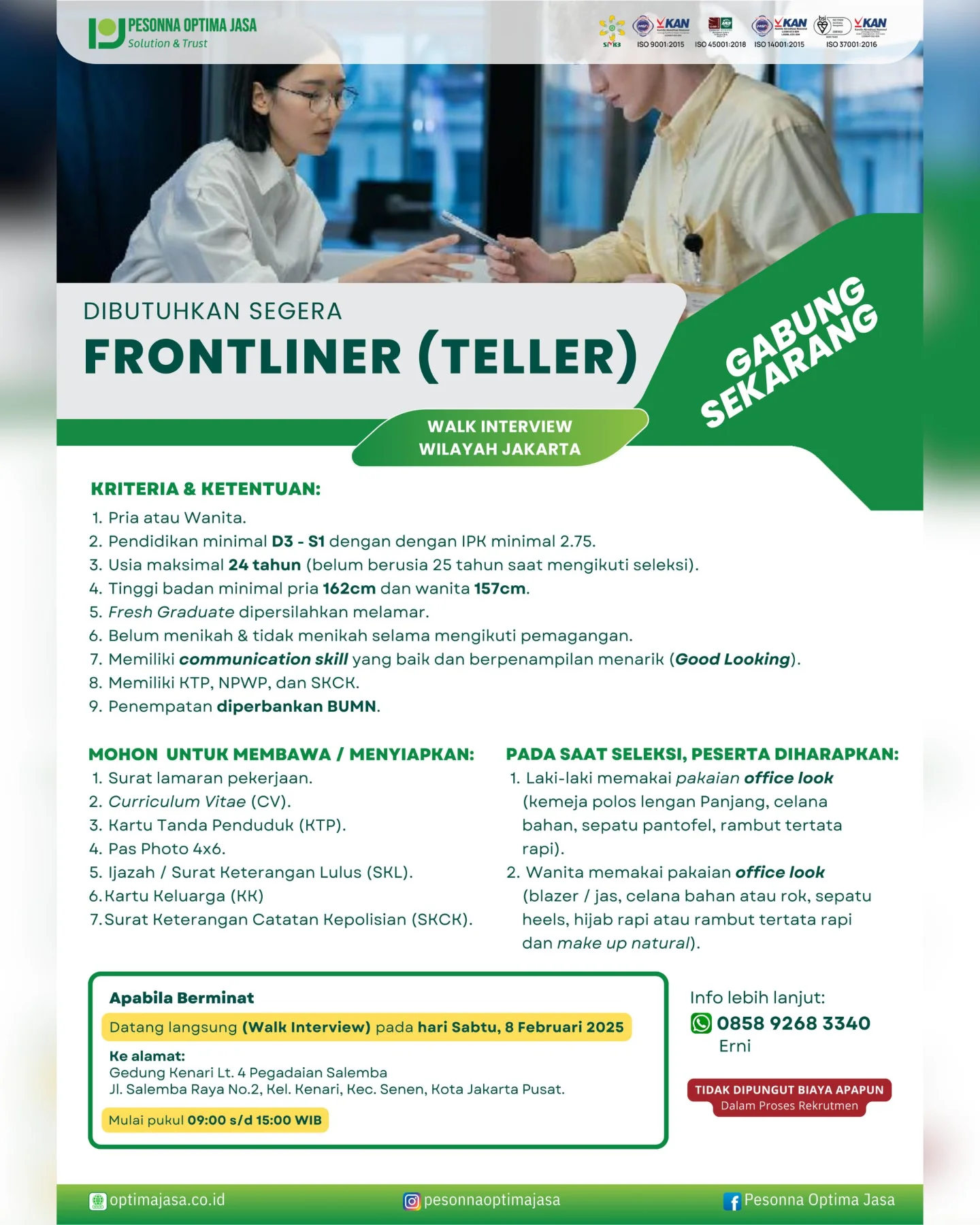 POJ - WALK-IN INTERVIEW - FRONTLINER PT Pesonna Optima Jasa membuka ...