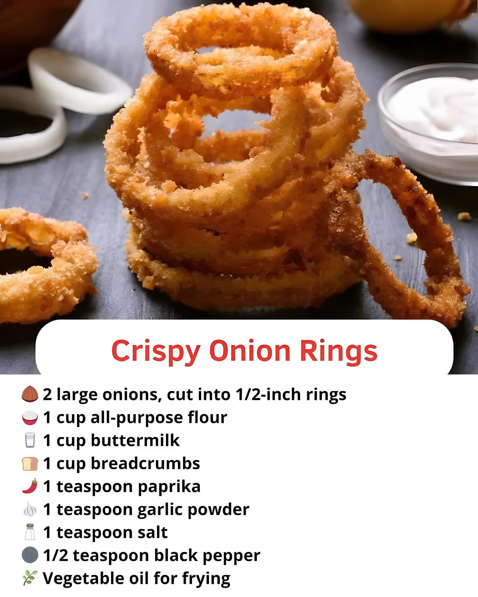 Tasty - Crispy Onion Rings 🌰 Ingredients: 🌰 2 large onions, cut into 1/ ...