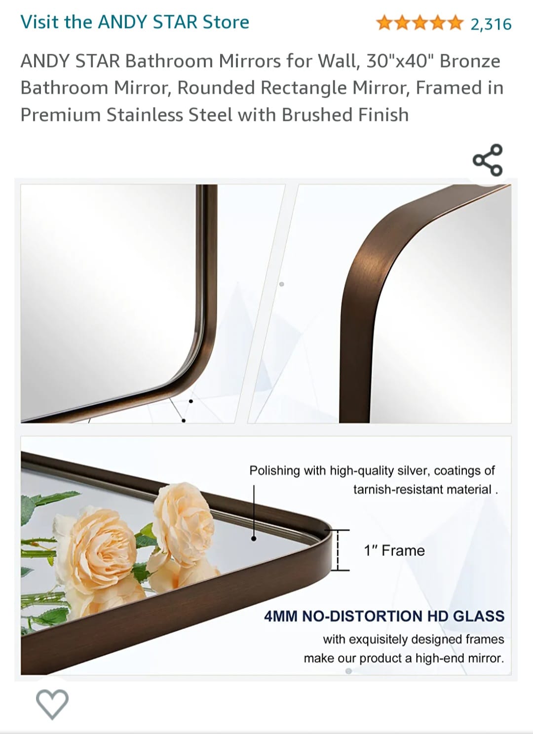 ANDY STAR Wall Mirror for Bathroom, 24x40 Inch Bathroom Vanity Mirror, Black Rounded