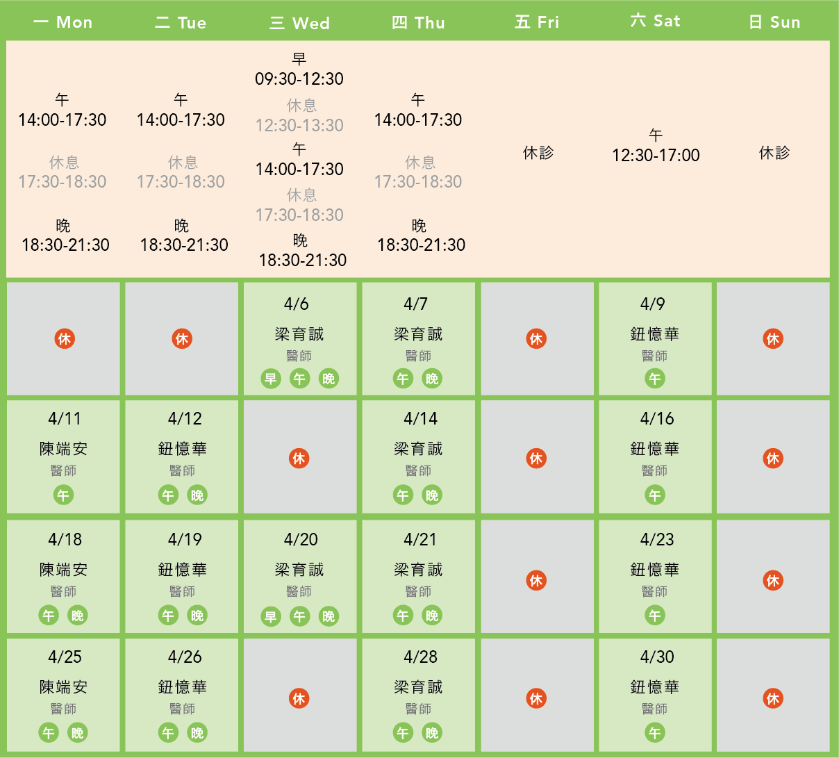 康森牙醫診所 - 【四月份門診表】 周一 ｜陳端安醫師 周二、周六｜鈕憶華院長 周三（隔週）、週四｜梁育誠醫師... | Facebook