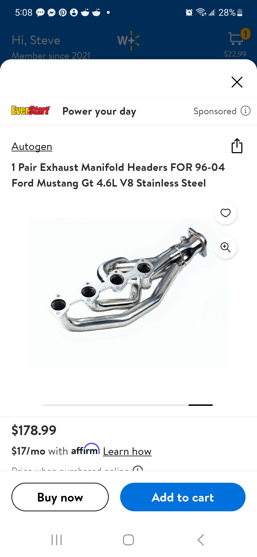 Long Tube Manifold Header Compatible with Mustang Gt V8 4.6L 96-04