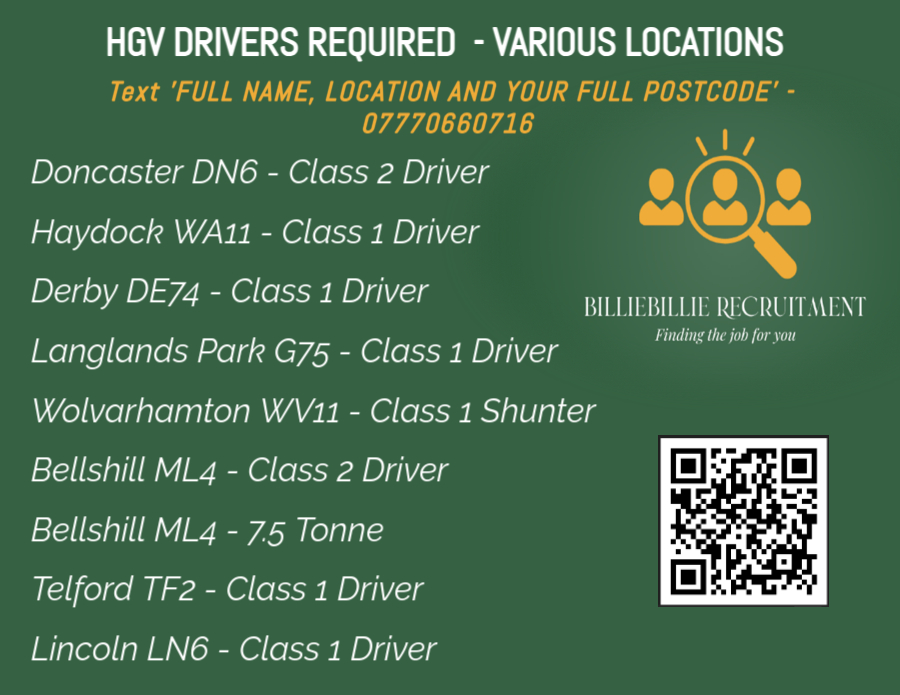 Billie - HGV Driver's Class 1, Class 2 & 7.5 Tonne required Text 'FULL ...