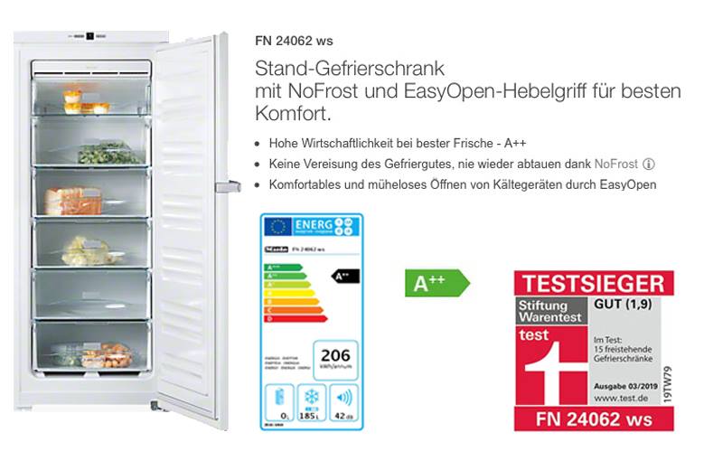 Miele FN 24062 ws alleiniger Testsieger mit der Note GUT (1,9)! ================================ Vor allem überzeugte der Miele Gefrierschrank FN 24062 ws mit seiner Schnellgefrierfunktion „SuperFrost