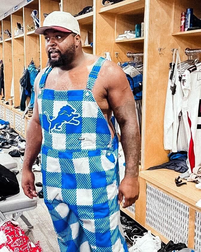 Lions DT Benito Jones was rocking overalls and boots as he arrived