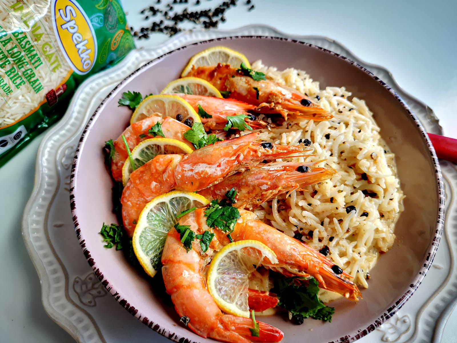 Fatima - Recipe: Creamy Peppercorn sauce Rice with Grilled Prawns ...