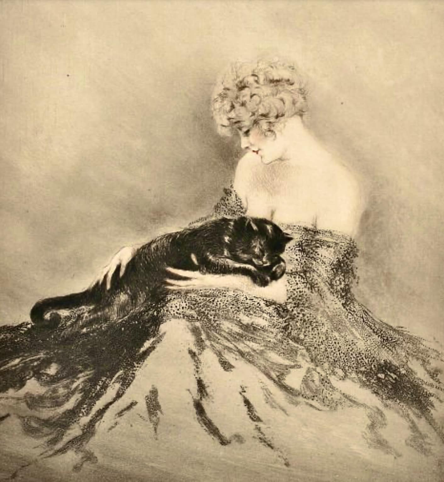 Woman with Black Cat by Louis Icart , 1926