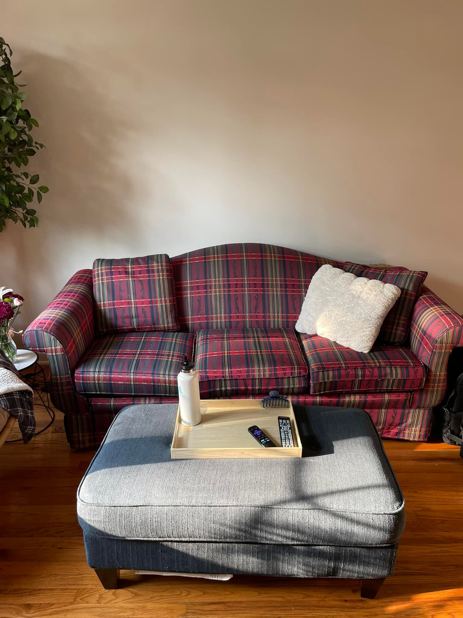 What rug style suits a plaid couch in a maximalist apartment?