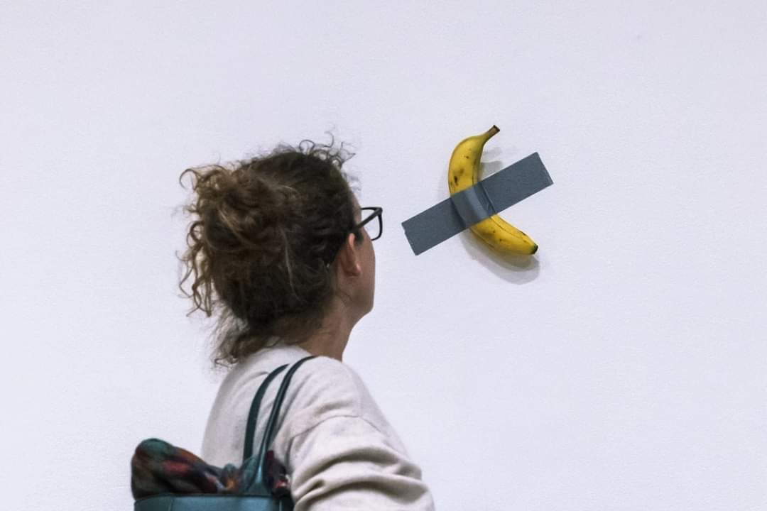 A piece of conceptual art consisting of a simple banana, duct