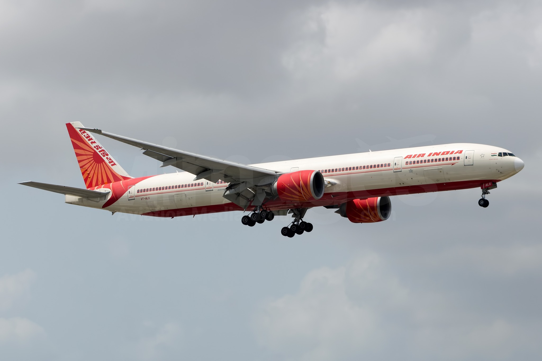 An Air India Boeing 777-300ER is seen taxiing to its gate at
