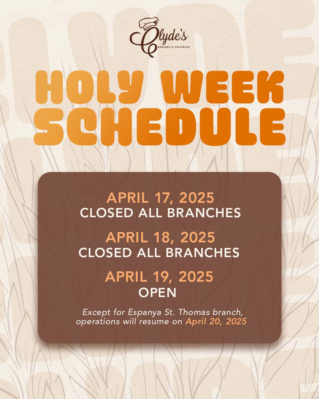 Clyde's - In observance of Holy Week, please take note of our schedule ...