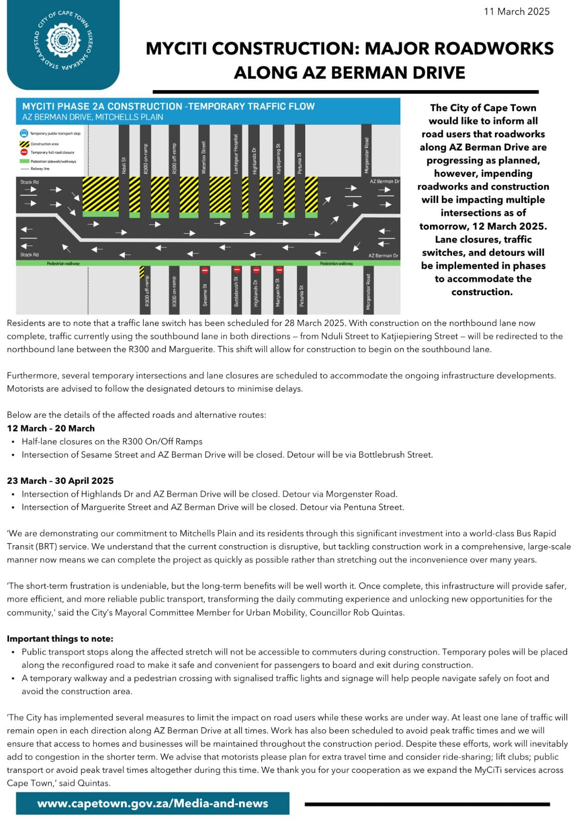 Cllr - 🚧 Traffic Alert: Major Roadworks on AZ Berman Drive 🚧 Mitchell’s ...