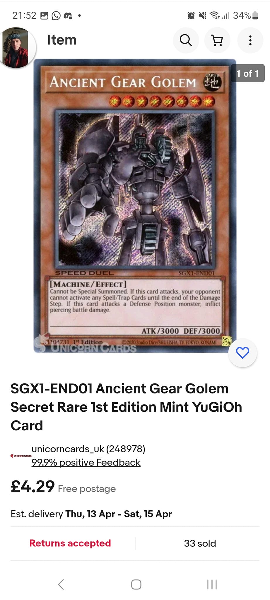 yugioh card ancient gear golem Ultimate SGX1-END21 1st Edition Speed Duel N If this card attacks Ancient Gear Golem [Quarter Century