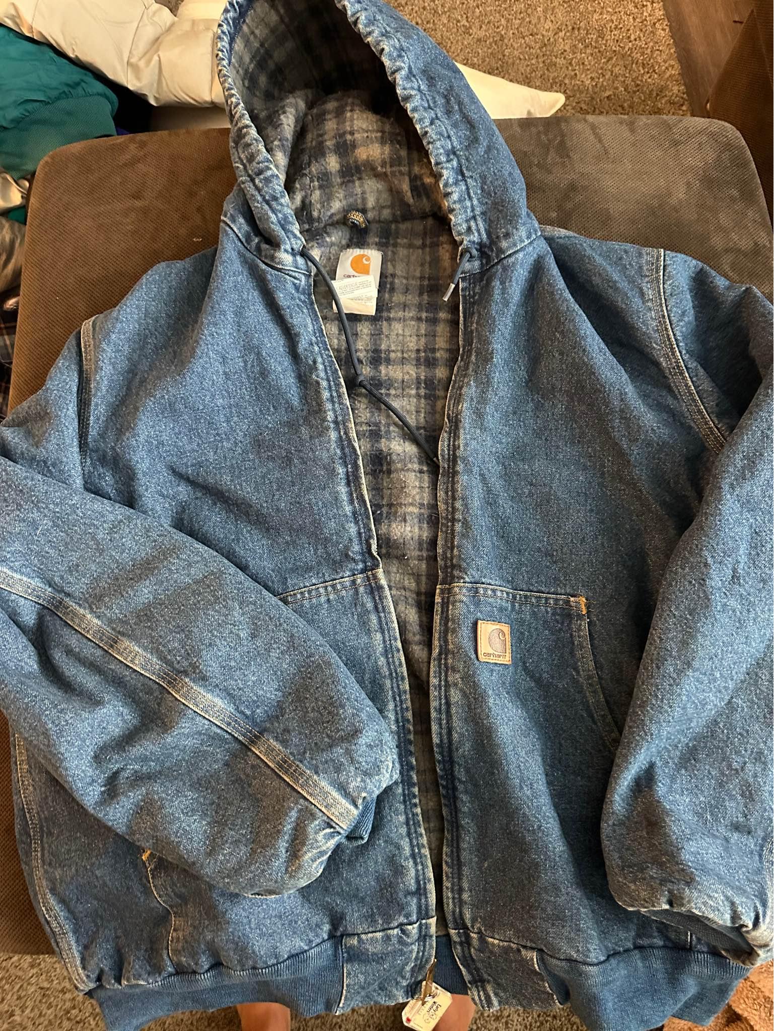 Vintage 90s CARHARTT J139 Denim Hooded Work Jacket Blanket Lined 