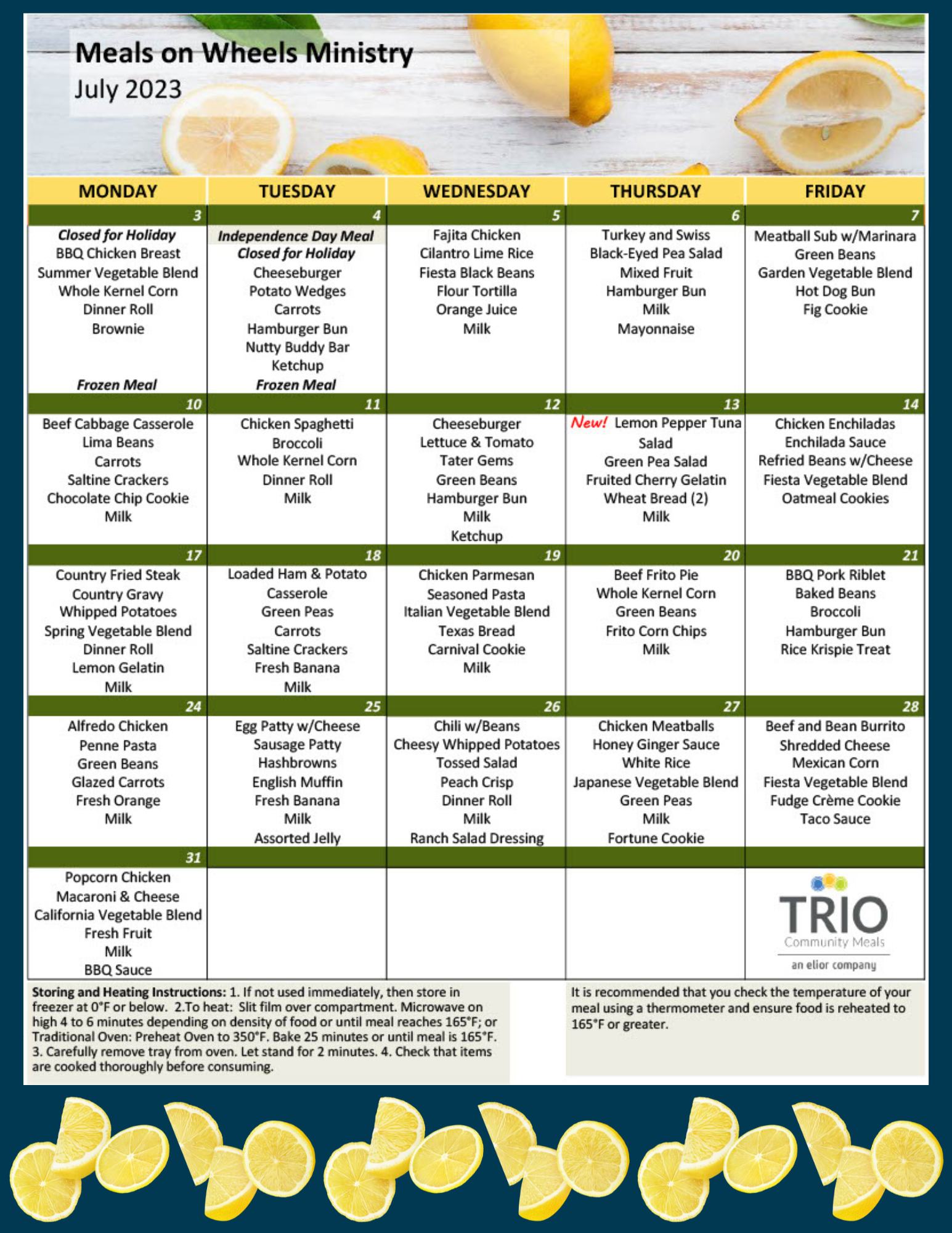Our Juicy July menu is... - Meals On Wheels Ministry, Inc.