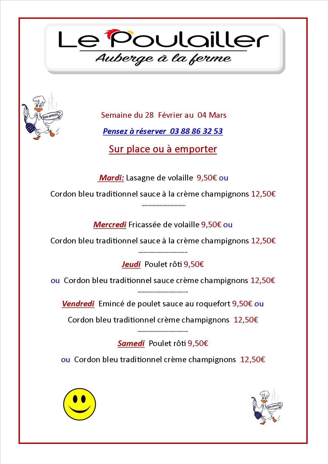 Le Poulailler Auberge A La Ferme Menu