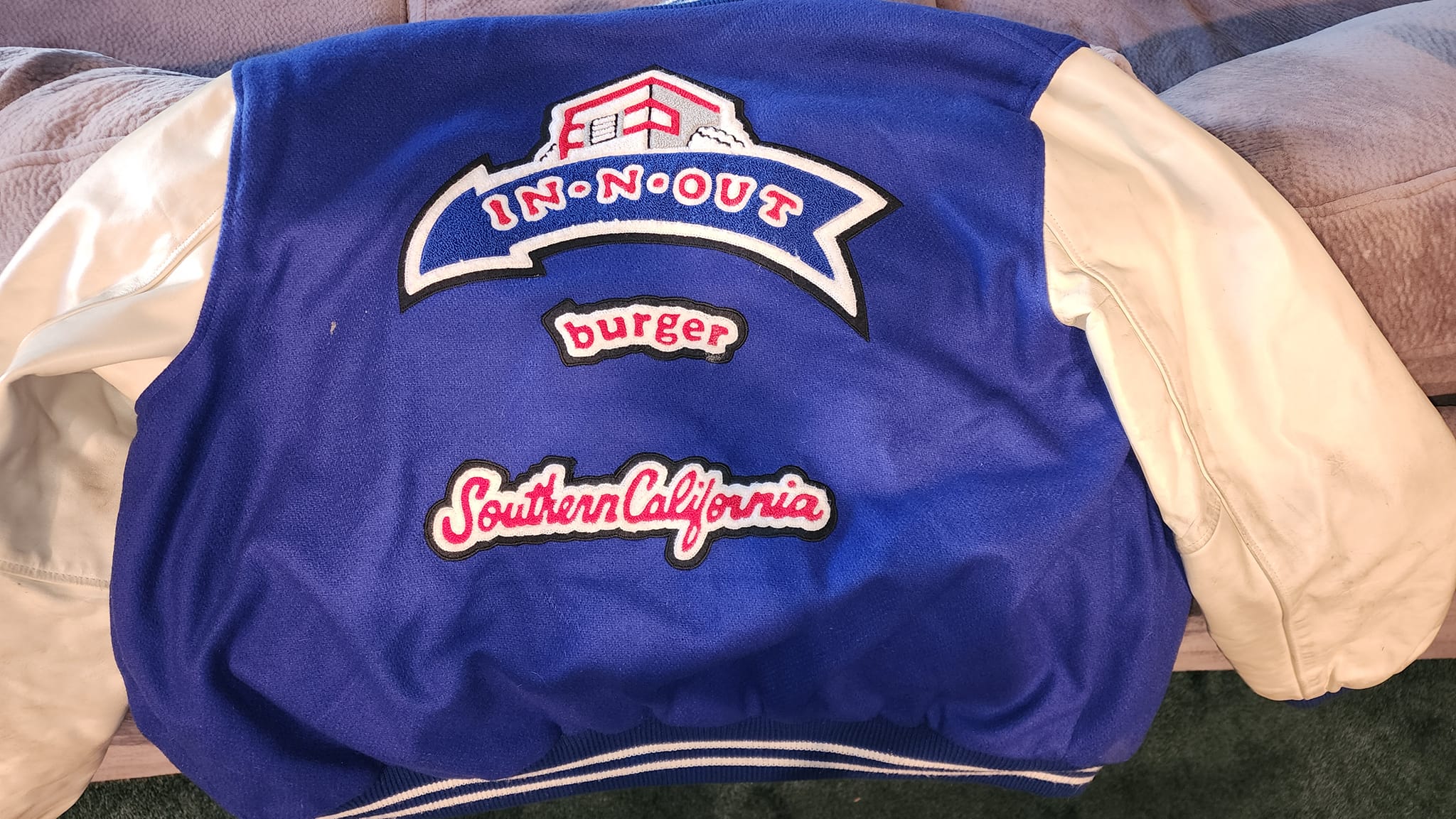 In-N-Out Burger letterman jacket with 4-year accident-free patch