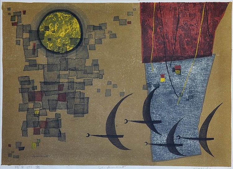 Morning Moon', a 1965 woodblock print; ink and colour on paper, by