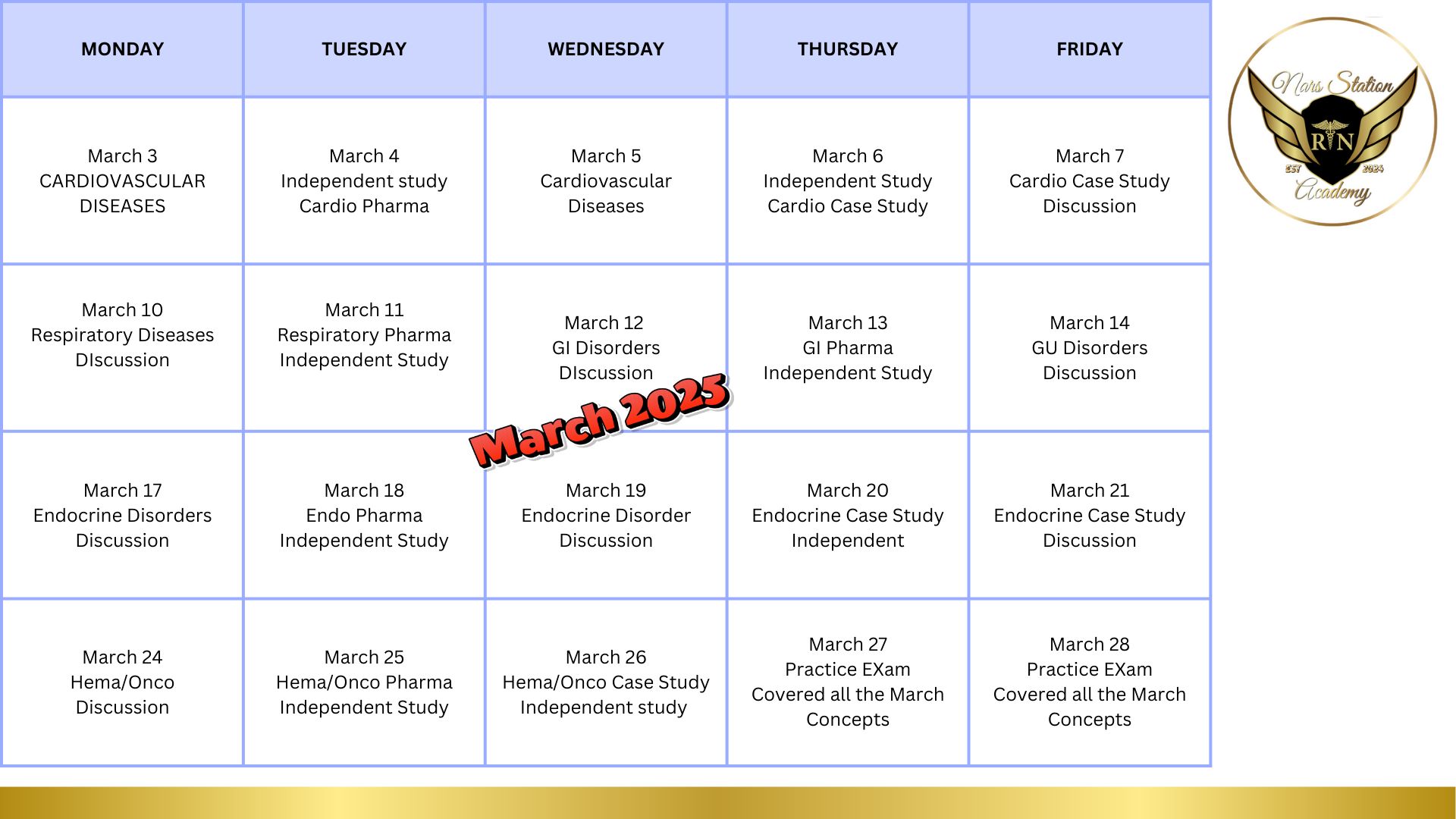 NARs Station - March 2025 Review Calendar for NLE | NCLEX Review. (Free ...