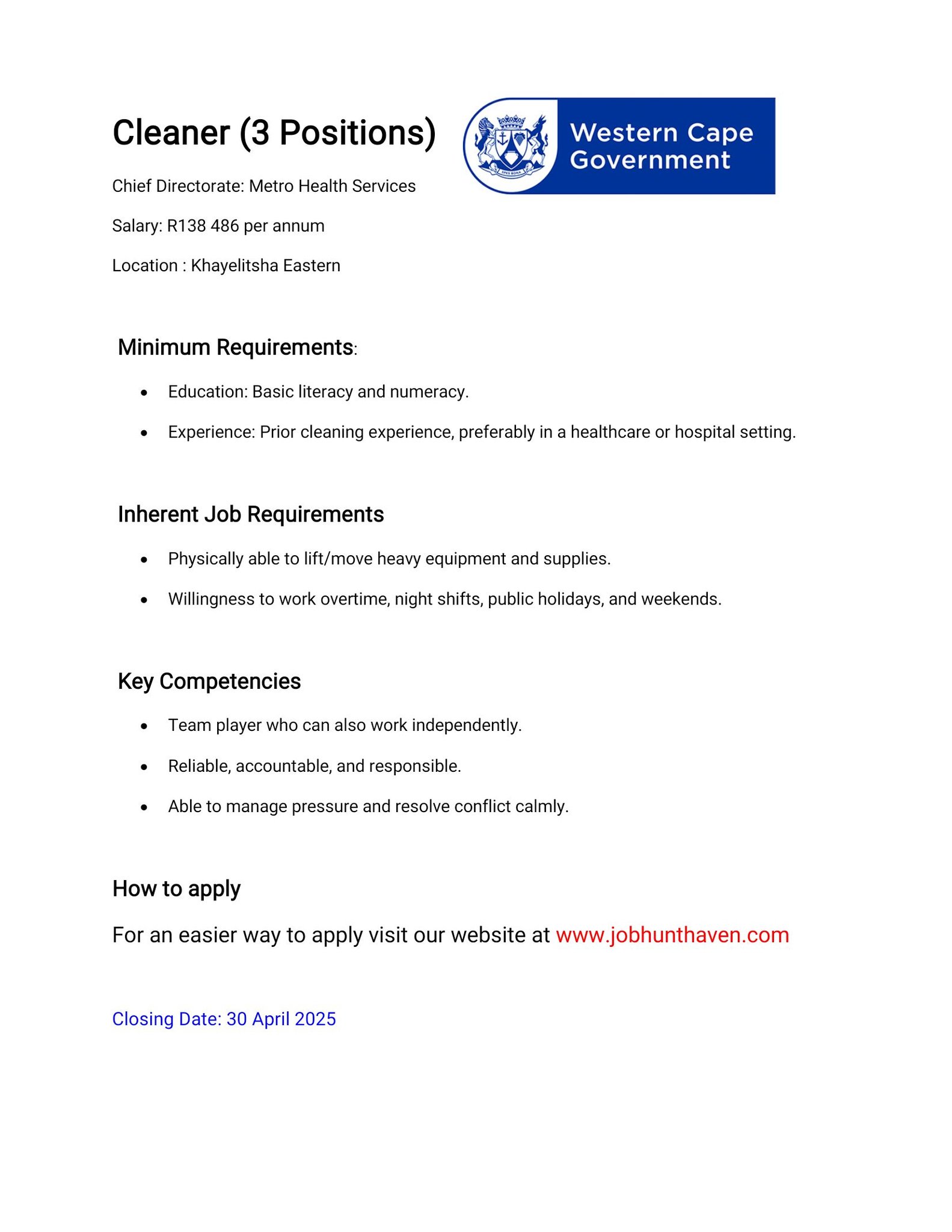 Careerbiz - Cleaner (3 Positions) Location: Khayelitsha Salary: R138 ...