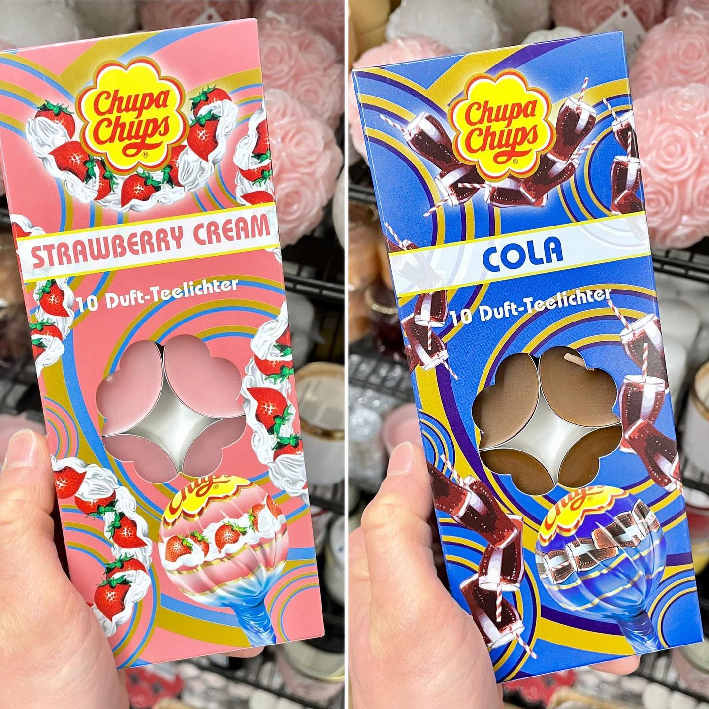 Entdeckt im Tedi: Teelichter mit dem Duft von Chupa Chups in den Sorten Cola, Strawberry Cream und Strawberry! 🍭 👀 Was sagt ihr? Würdet ihr die kaufen?