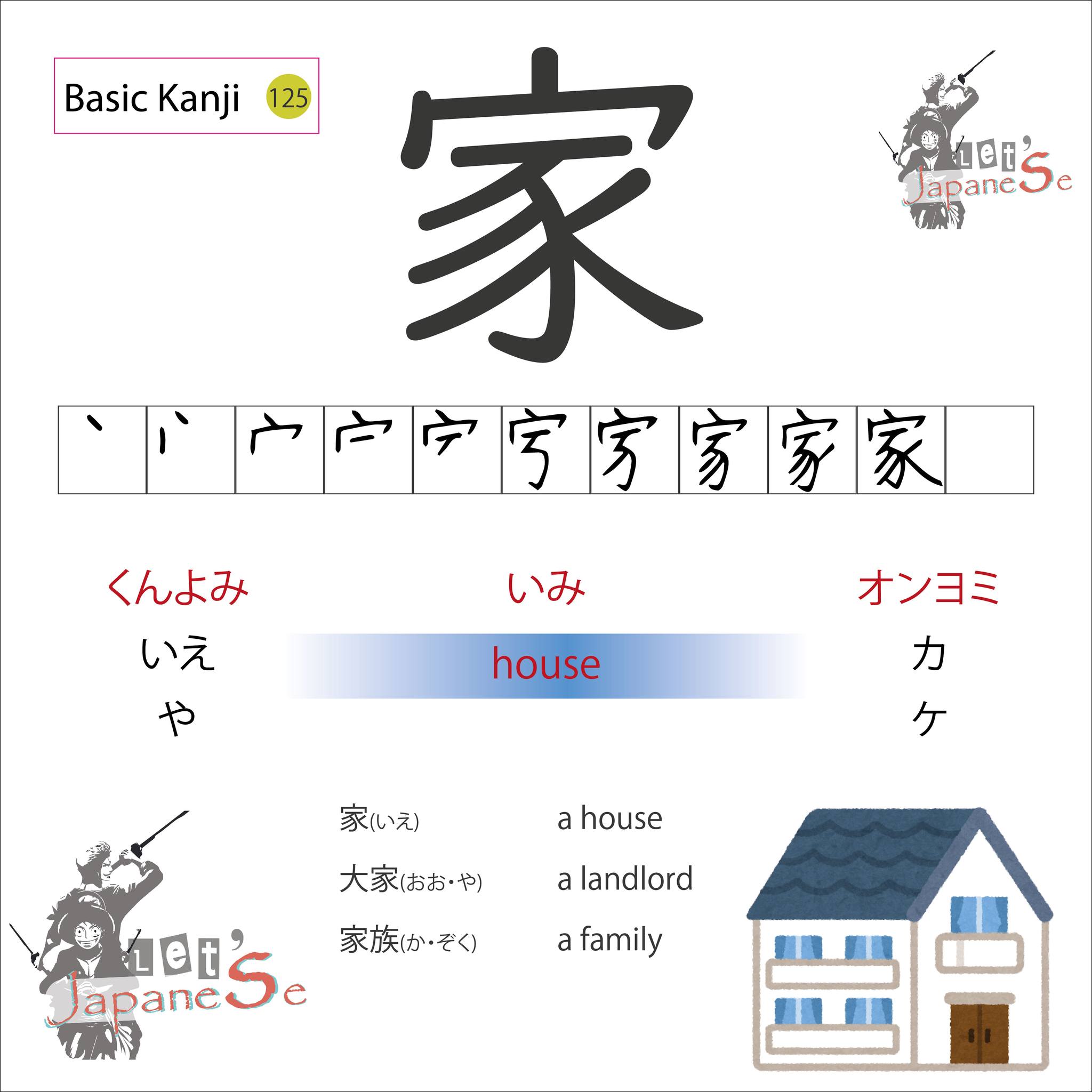 Let's Japanese - Kanji 家 meaning & stroke order. . . . . . . . # ...