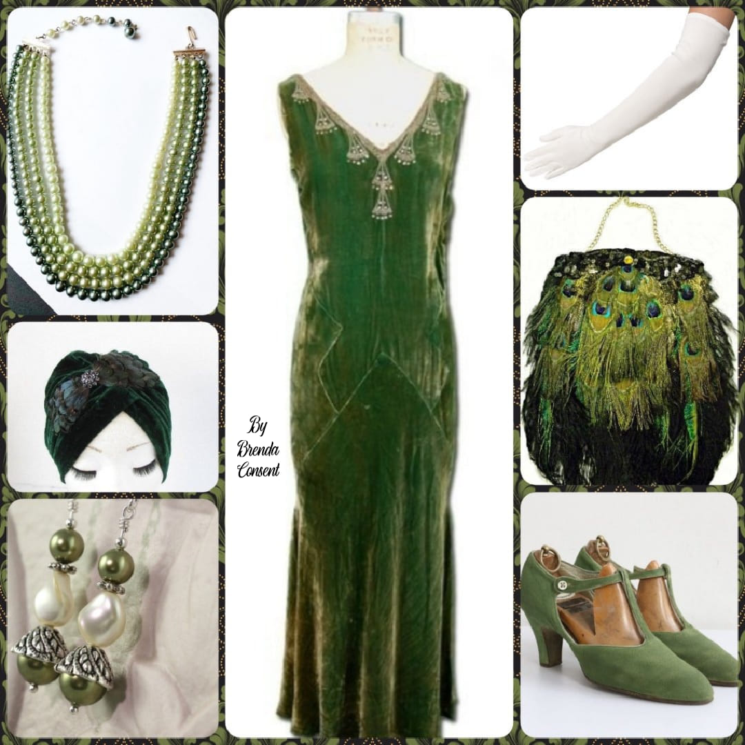 1925 green velvet evening dress with accessories