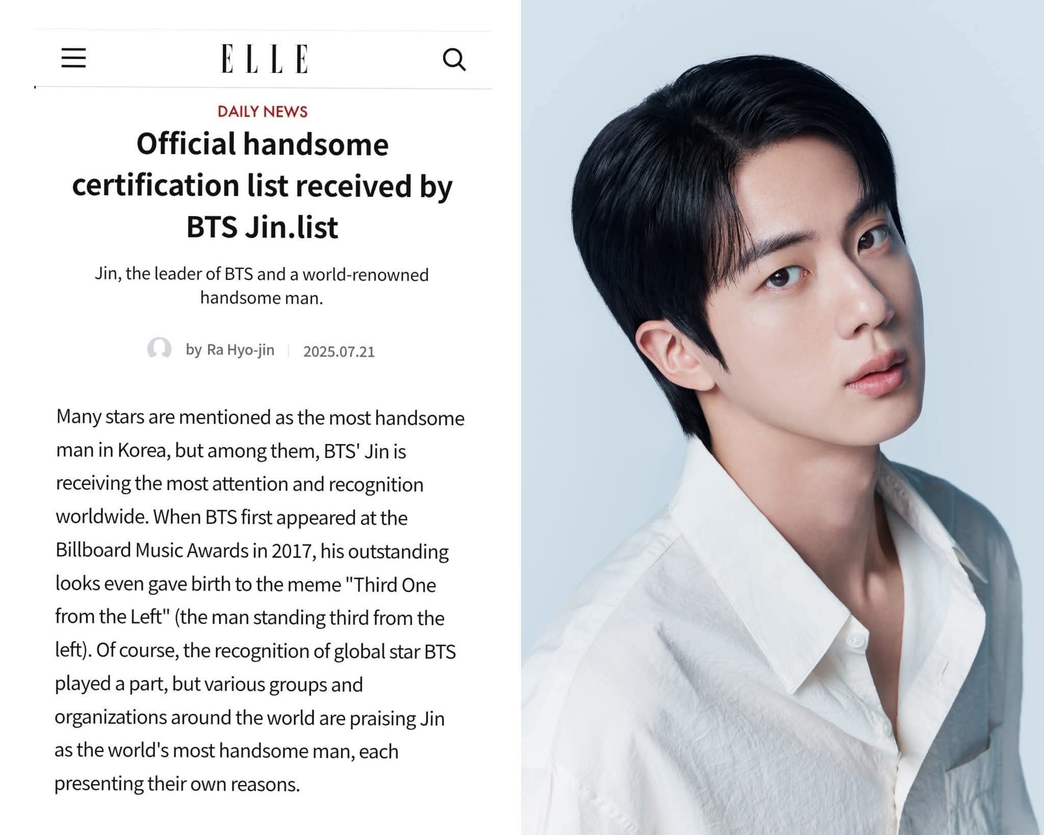 BTS' Jin recognized as most handsome man