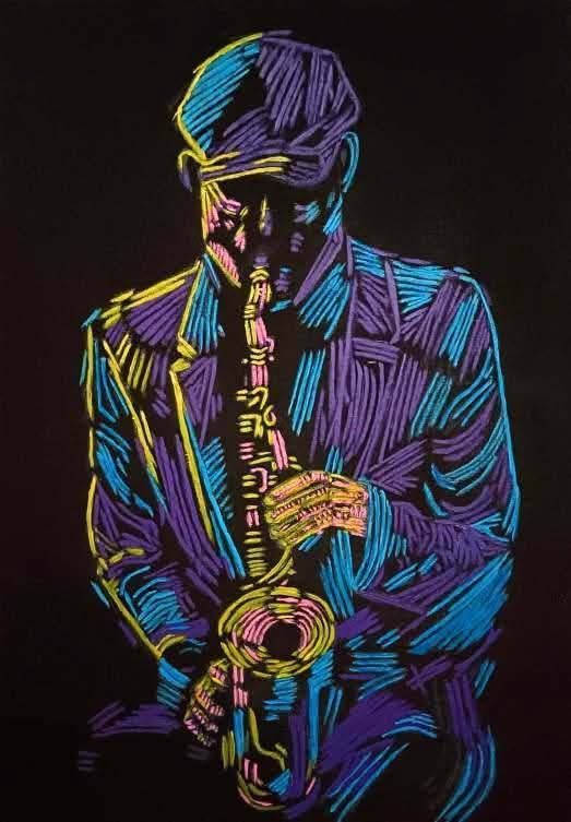 Artist Arthur Wright's jazz-inspired acrylic painting, Woman on Sax
