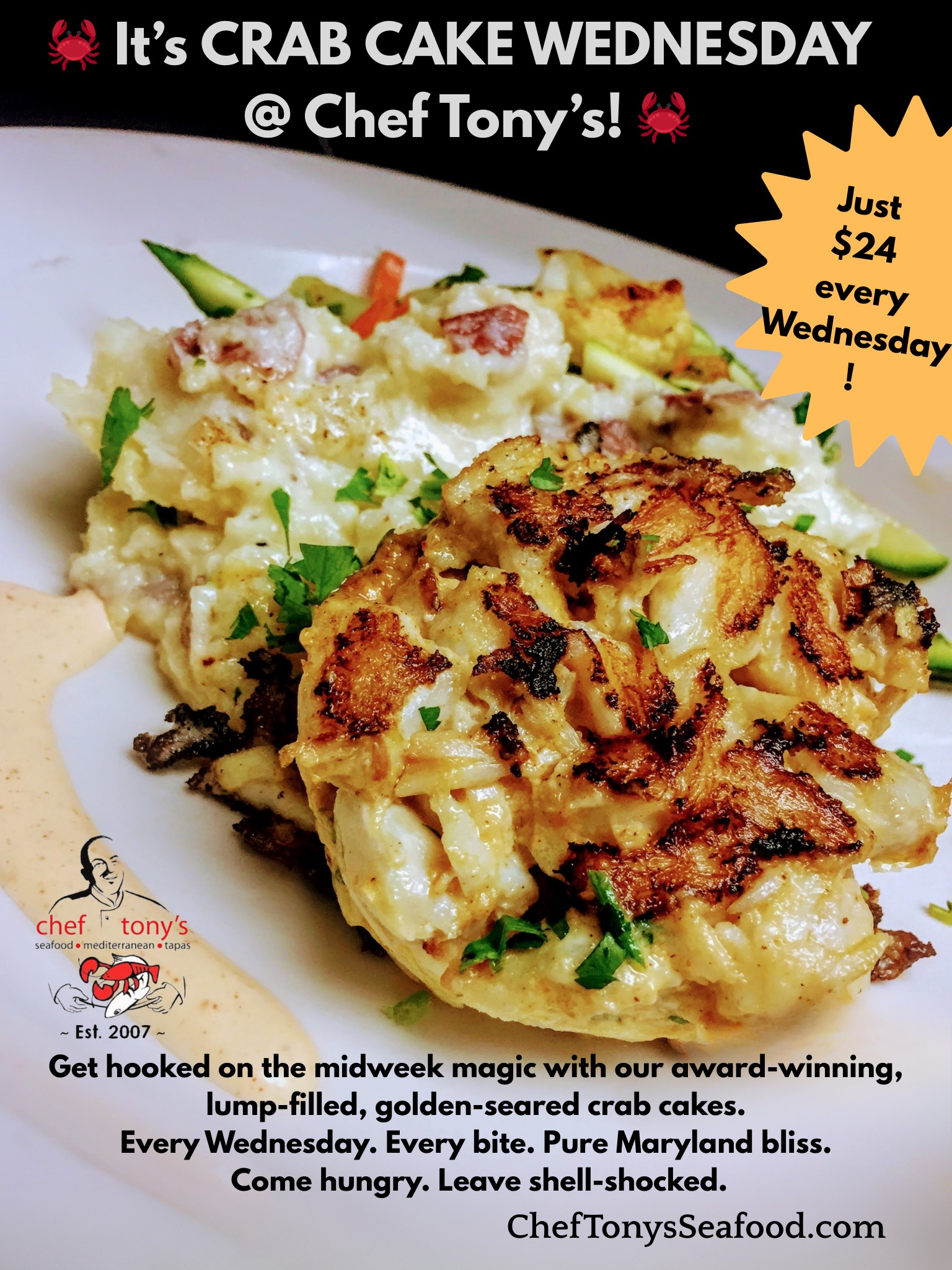 🦀 Crab Cake Wednesday is BACK! Golden,... - ChefTonysSeafood | Facebook