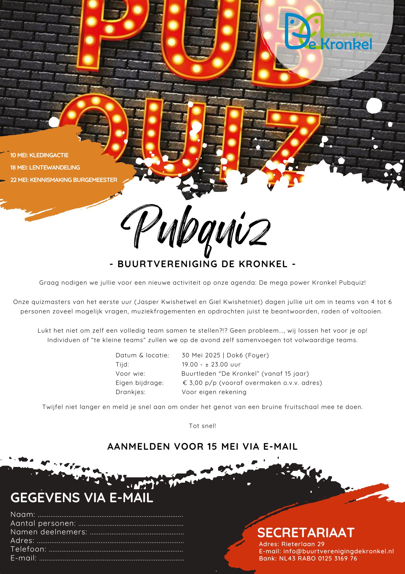 Buurtvereniging - Geef je op voor de Kronkel Pubquiz op 30 mei. Zorg ...