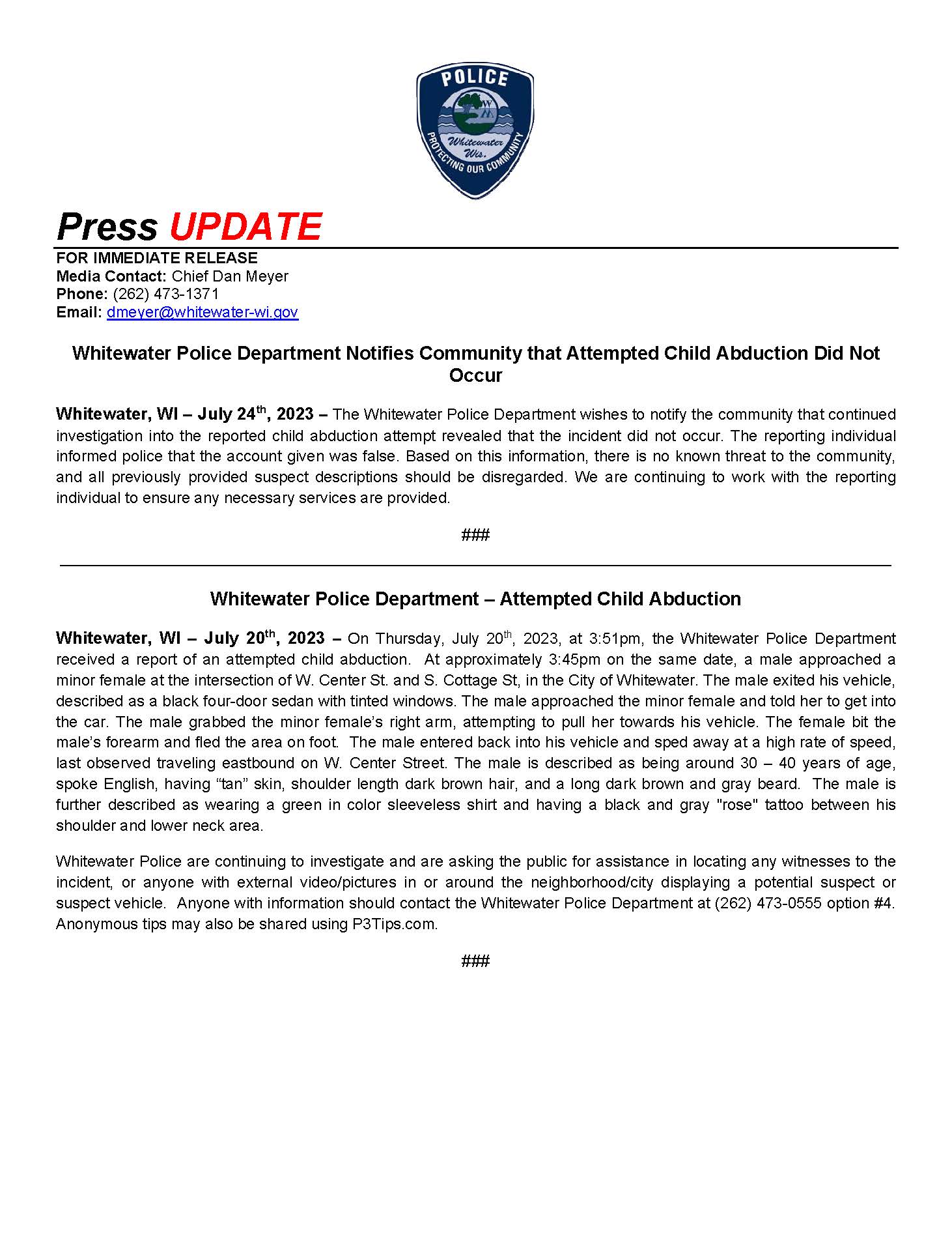 Whitewater police: No child abduction attempt occurred
