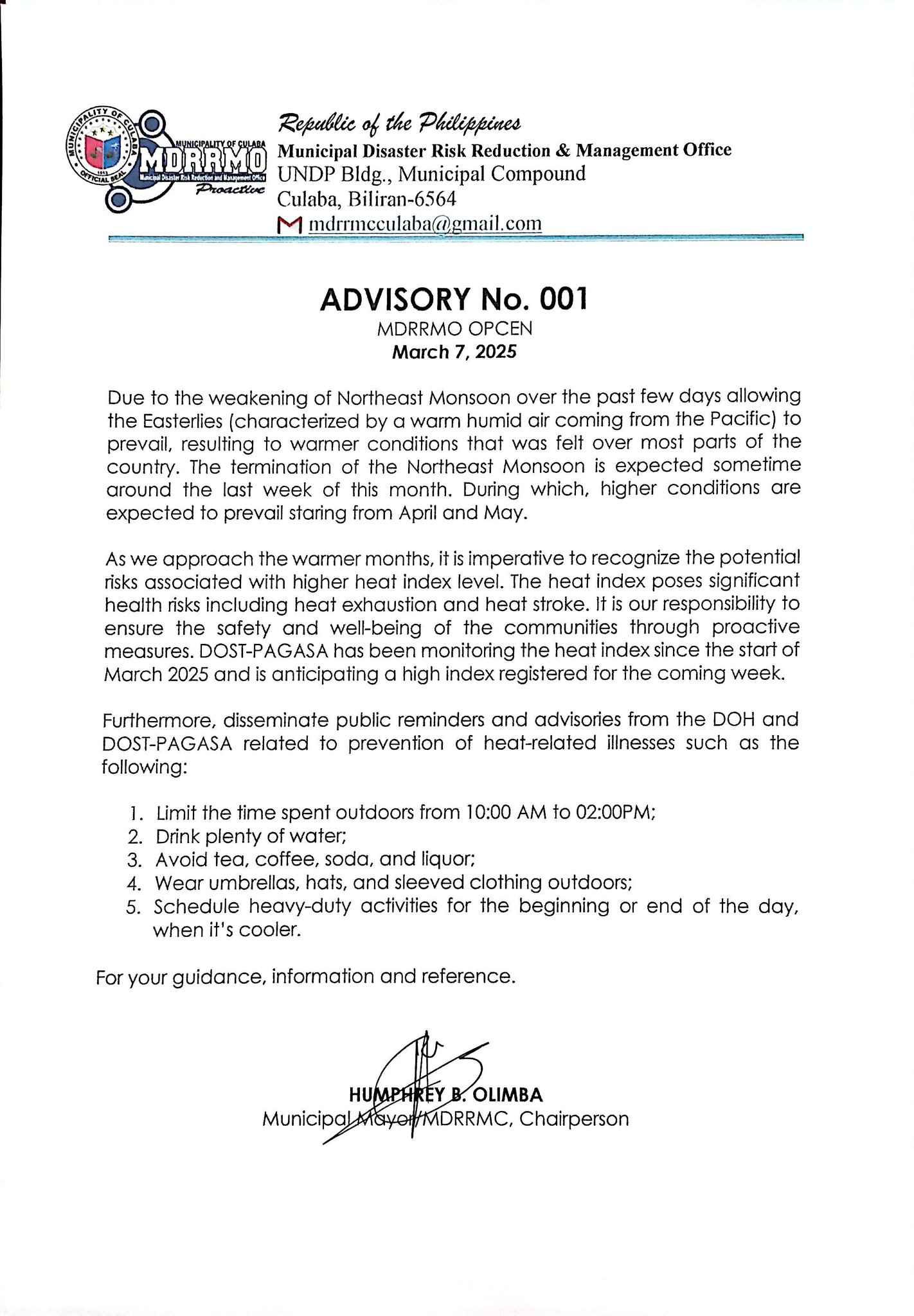 MDRRMO-Culaba - MDRRMO OpCEN Advisory March 7, 2025 For...