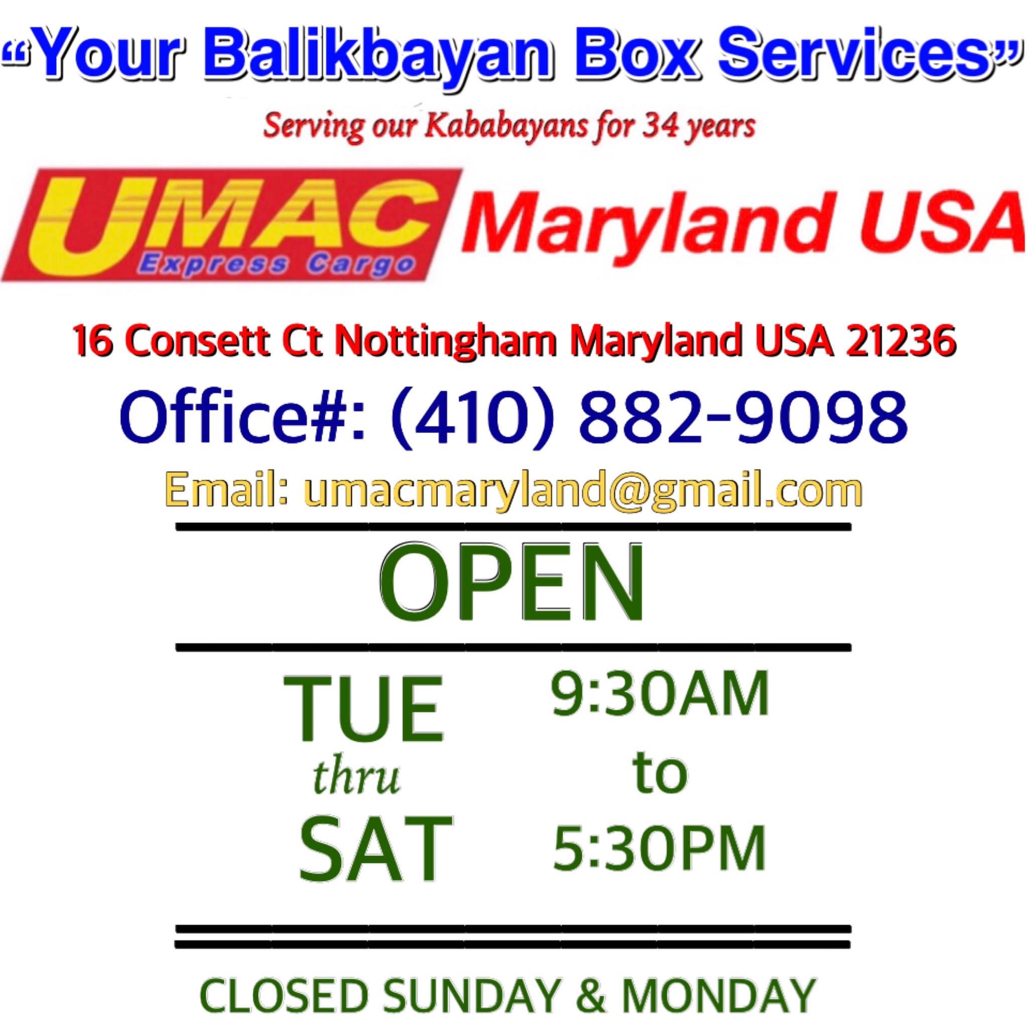 Umac Express Cargo for MD, DC, VA, & PA | Baltimore MD