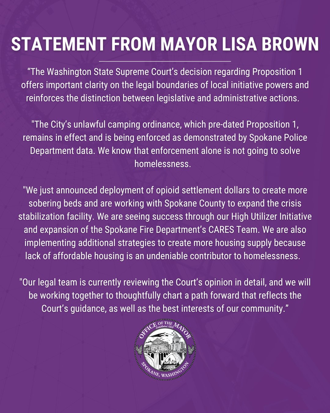 City - Mayor Lisa Brown issued the following statement on the ...