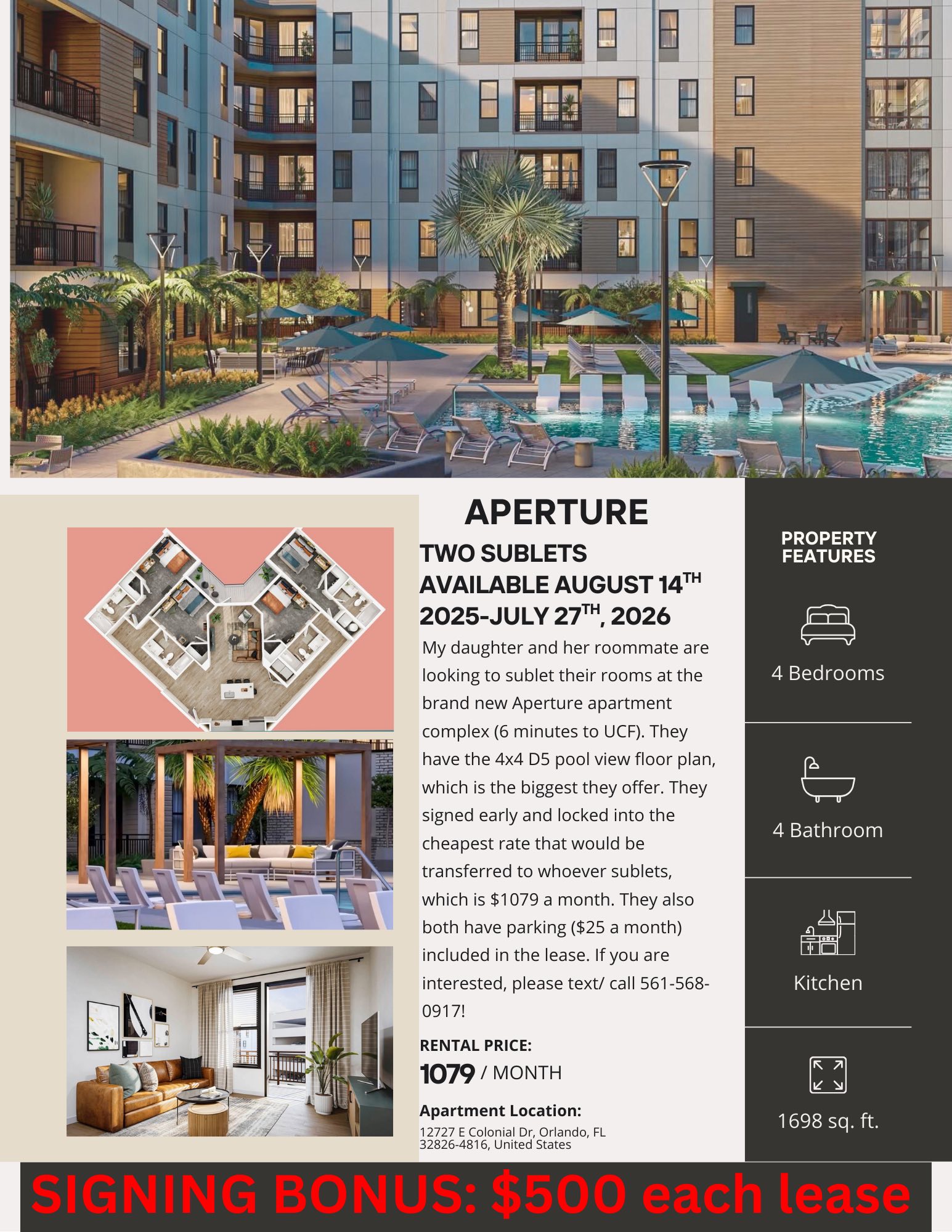 Sublet available at Aperture near UCF, $1079/month