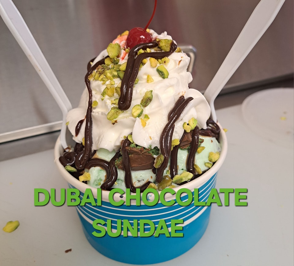 Dubai chocolate sundaes with pistachio ice cream at downtown Fort 