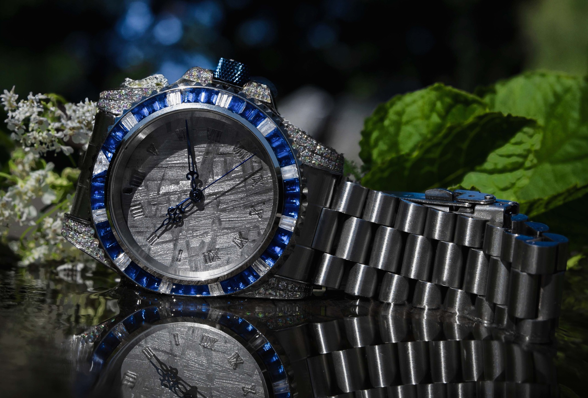 Custom Seiko NH38 meteorite mod watch with royal blue zirconia gem