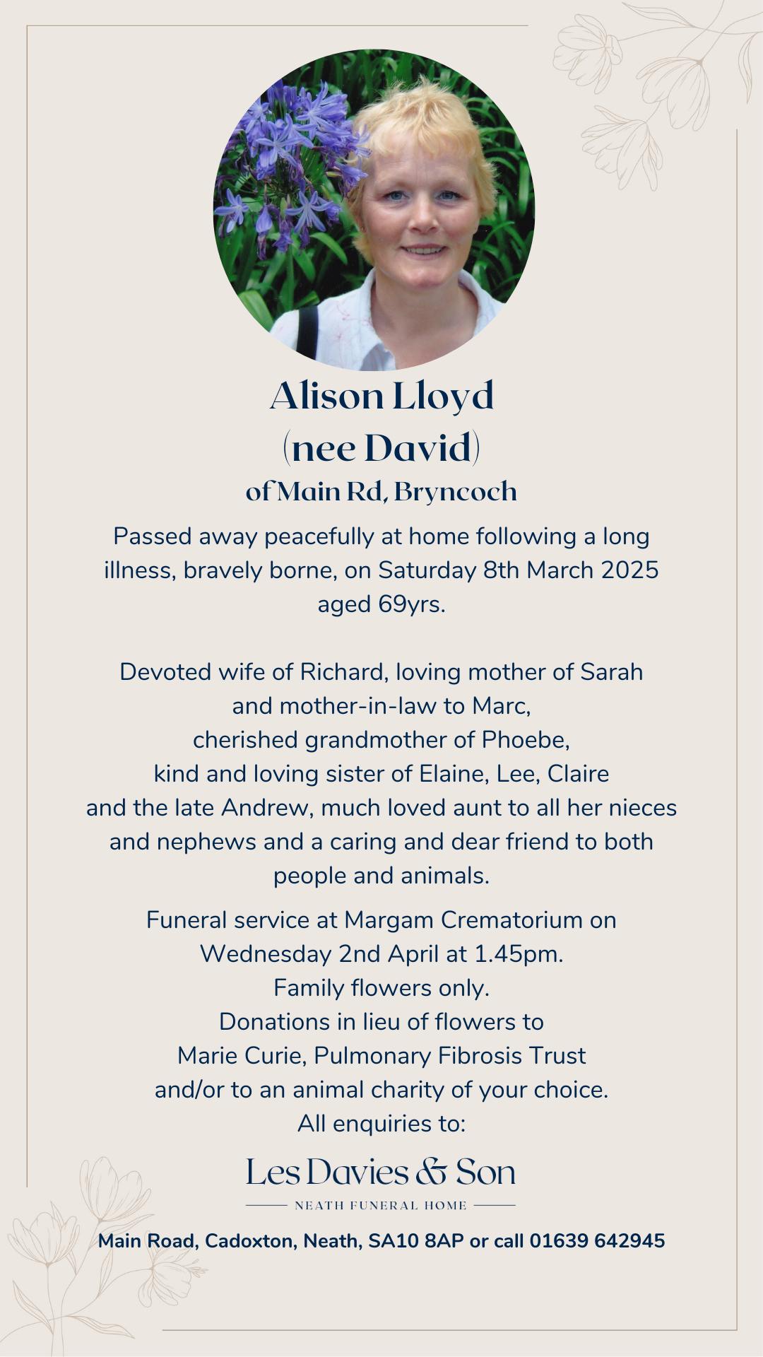 Les Davies & Son Neath Funeral Home - The family of the late Alison ...