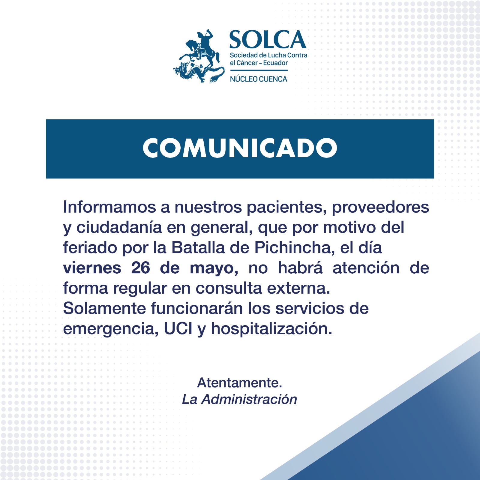 📢 Comunicado... - Instituto del Cáncer SOLCA Cuenca