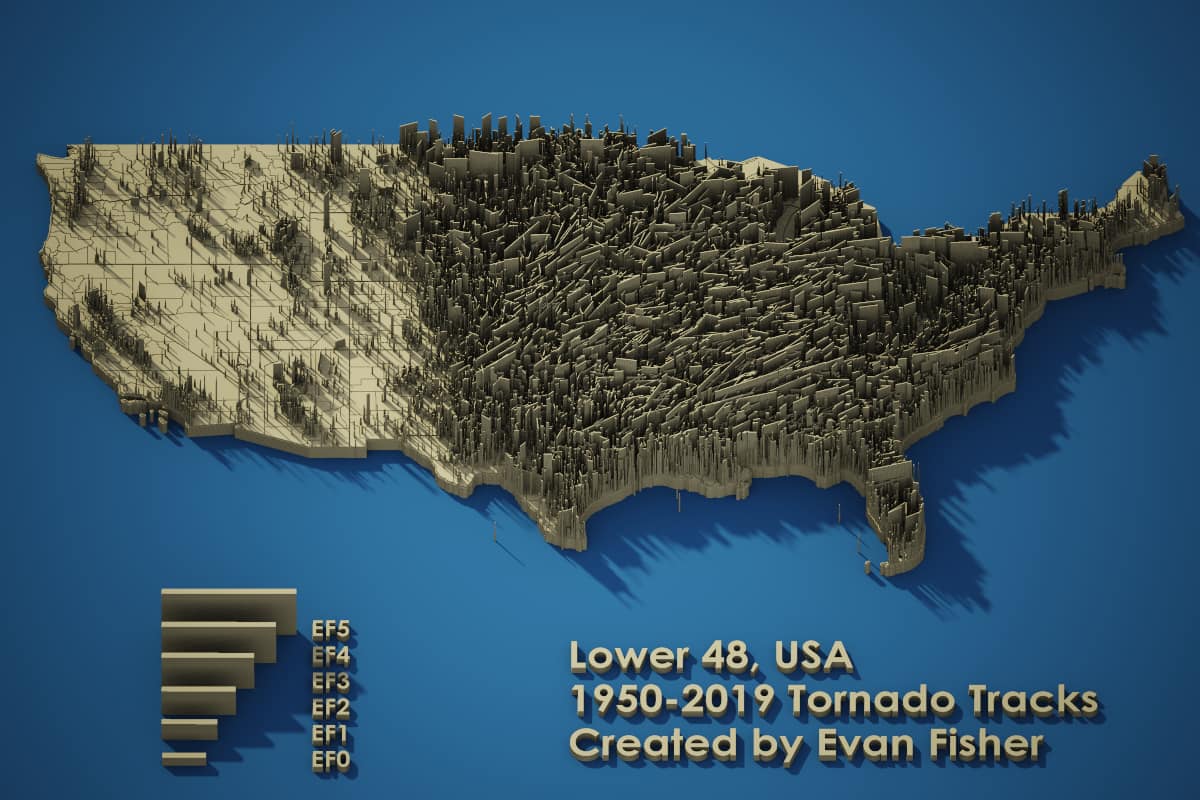 Here are 3 dimensional maps F/EF 0-5, of all the tornadoes since