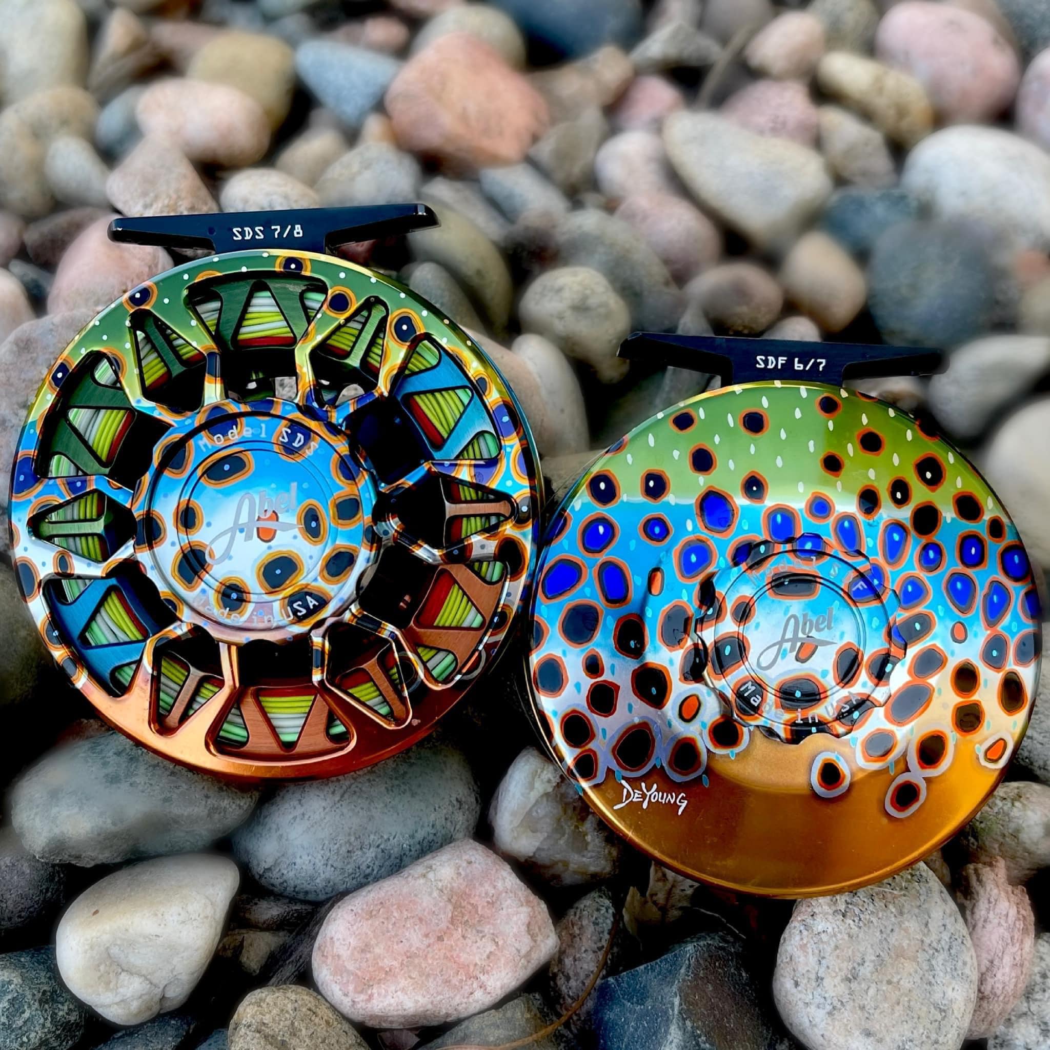 abel super series 5 6 fly reel featuring deyoung art - 5/6 QC - Brown Trout Graphic Derek designs 25th Anniversary Reel