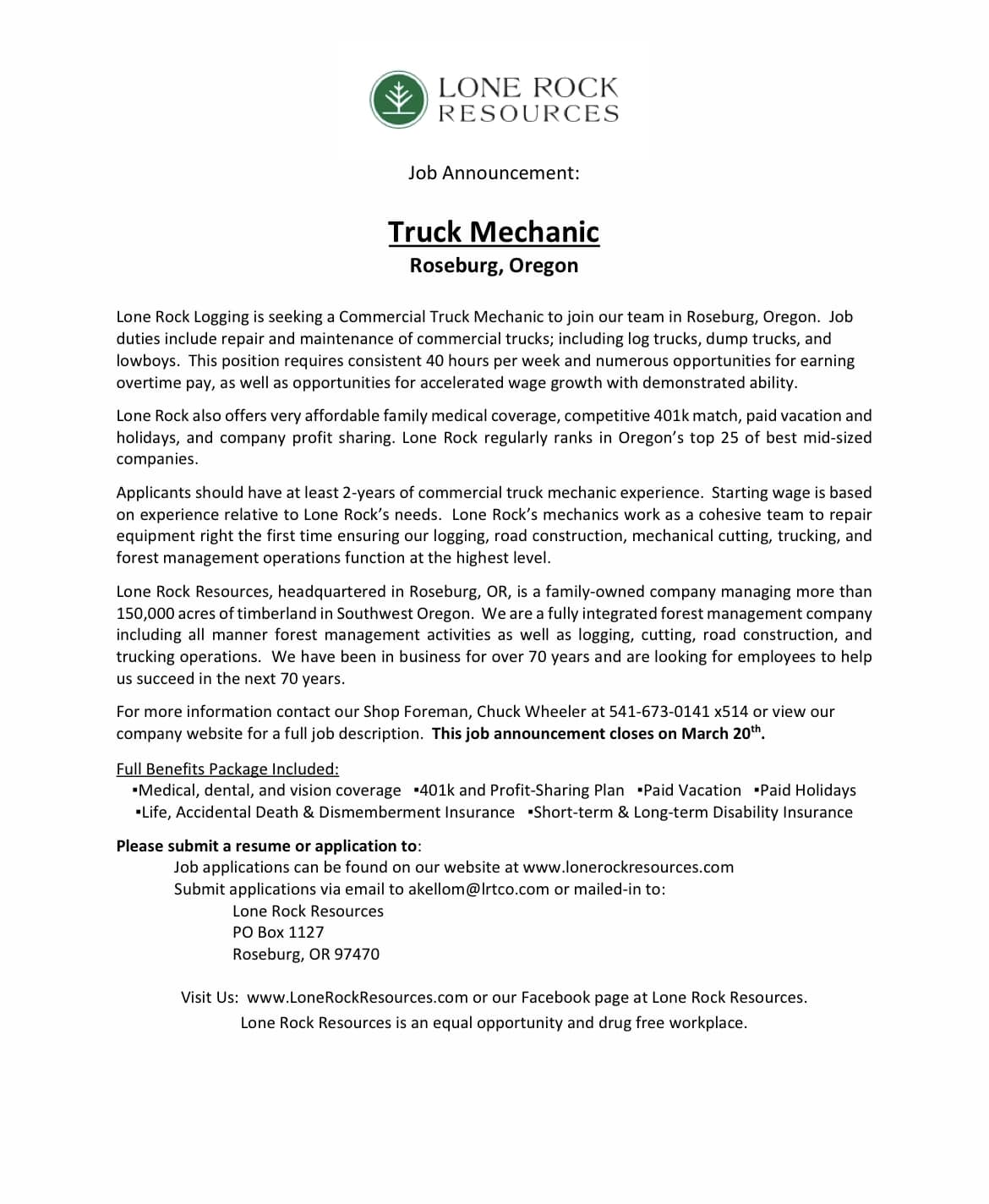 Now hiring! Truck mechanic, choker... Lone Rock Resources Facebook