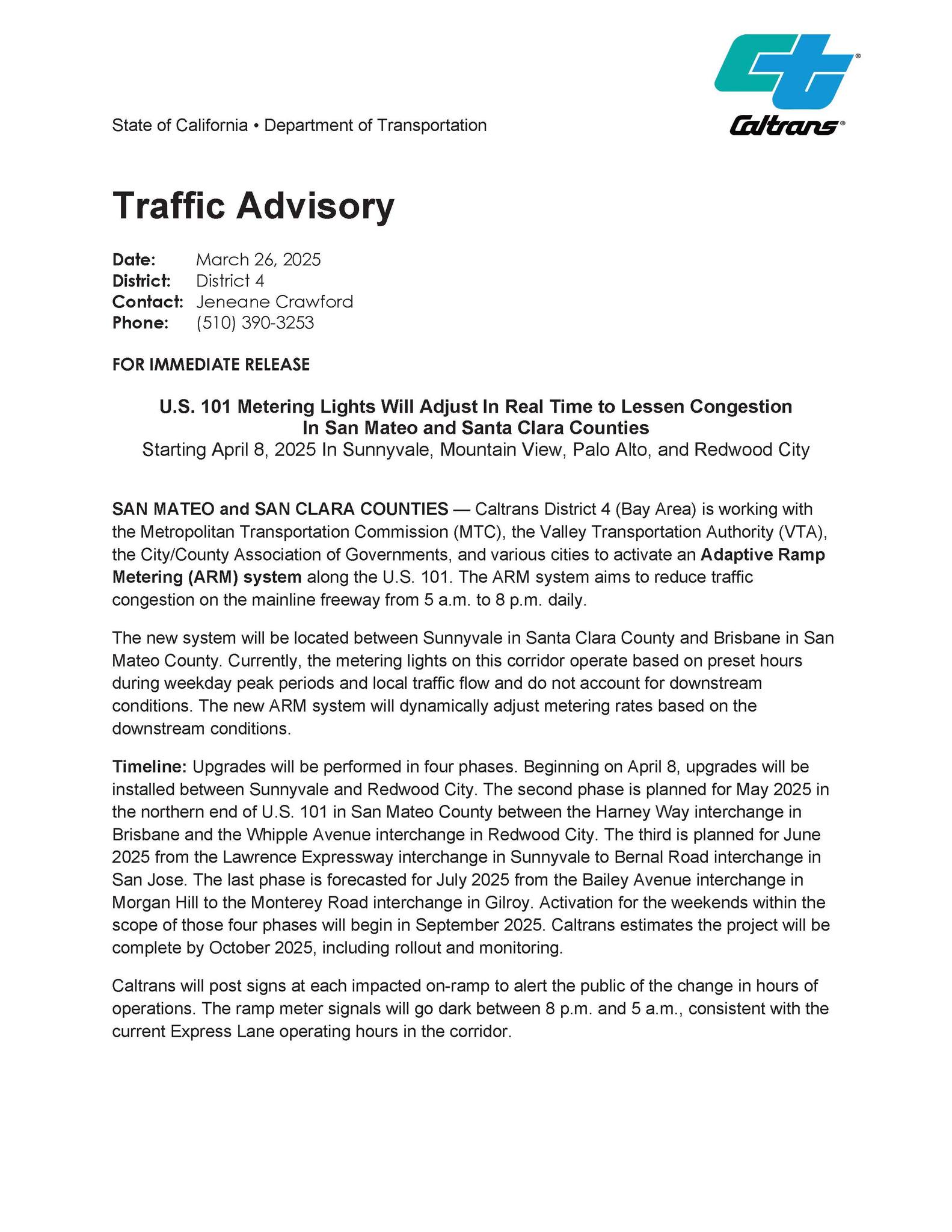 🚦 U.S. 101 Adaptive Ramp... - Caltrans Bay Area-District 4 | Facebook