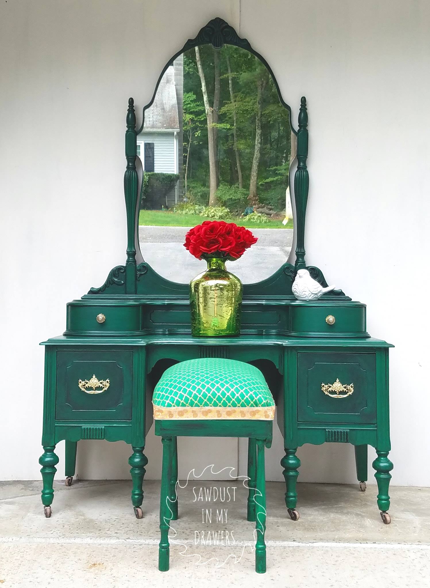emerald green dressing table Step into timeless elegance with this vintage-inspired table. Featuring soft sage tones paired with ornate gold accents, intricate carving, and a tri-fold arched mirror, this vanity brings regal charm and Led mirror Color:#47-Brown Knit Collection coral and peach bridesmaid latch doors respond to