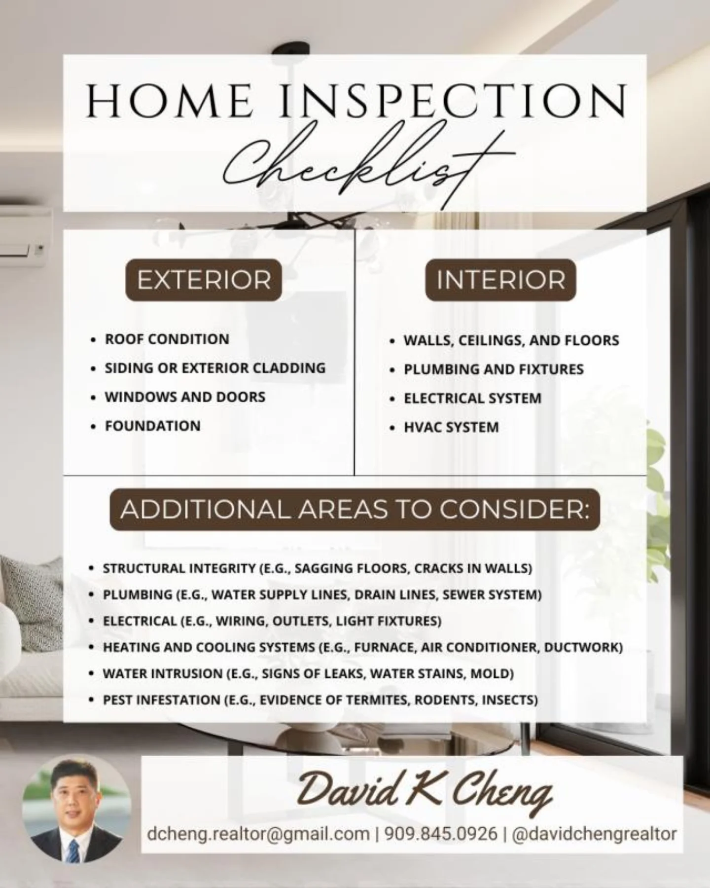 David - 🏡 Home Inspection Checklist: Exterior: • Roof condition ...