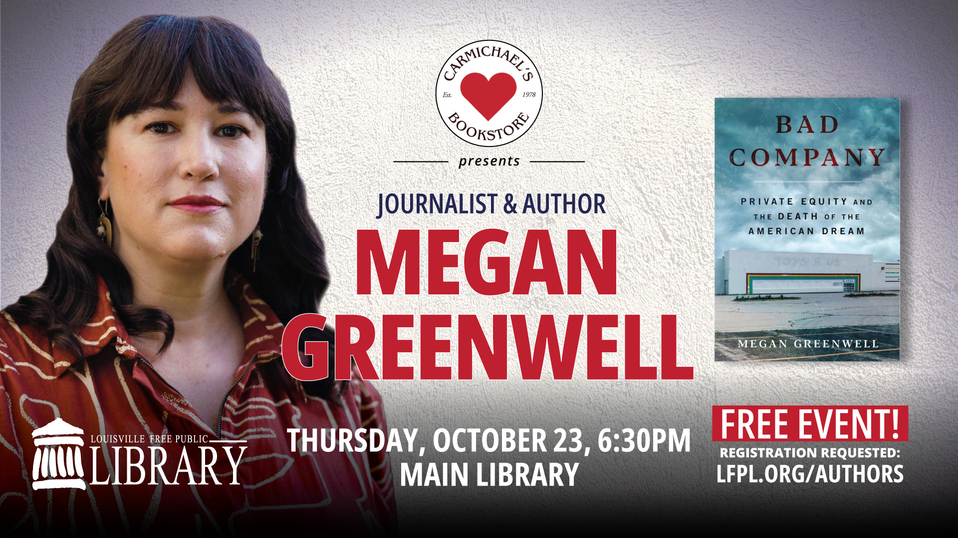 Author Megan Greenwell Presented by Carmichael's Books