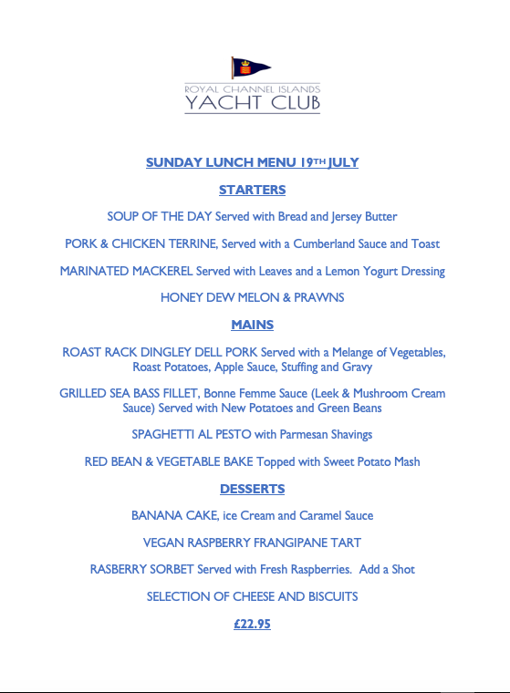 RCIYC Clubhouse - Our New Sunday Lunch Menu is here.....