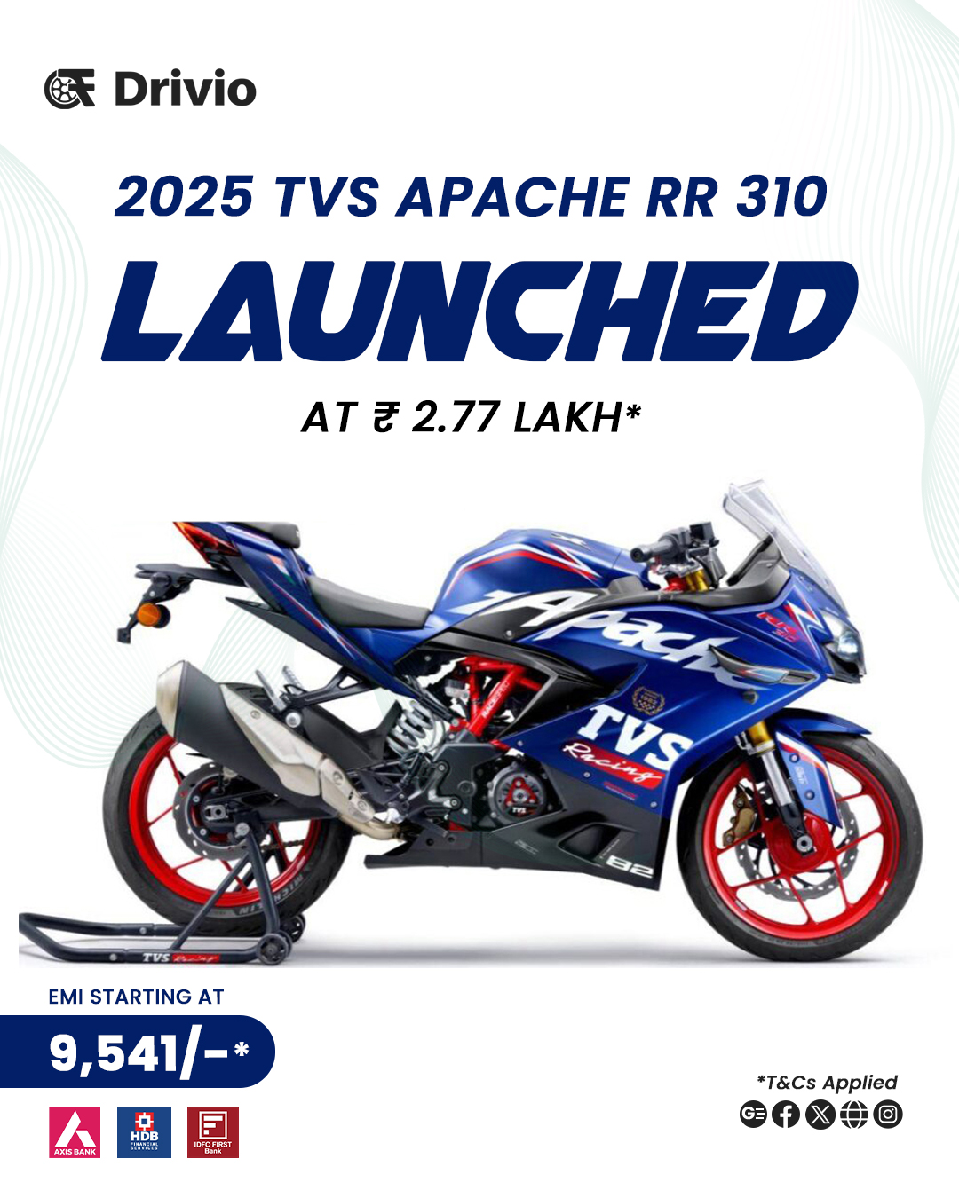 Drivio - Unleashed: The 2025 TVS Apache RR 310 ⚡🔥 Now launched at ₹2.77 ...