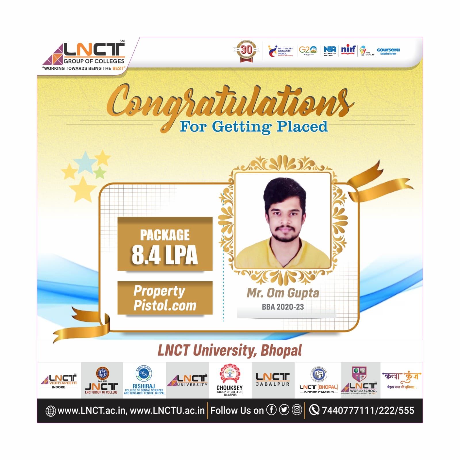 LNCT MBA 23-24 - Congratulations 👏🎉 Mr. Om Gupta BBA-2023...