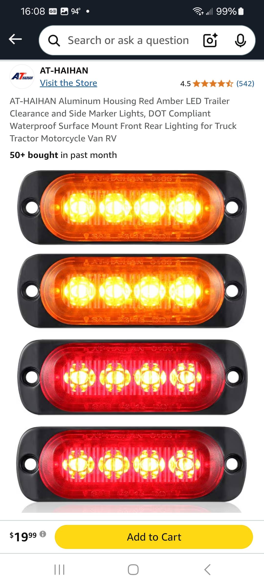 Optronics AL-91AB Sealed Amber LED Clearance and Side Marker Light